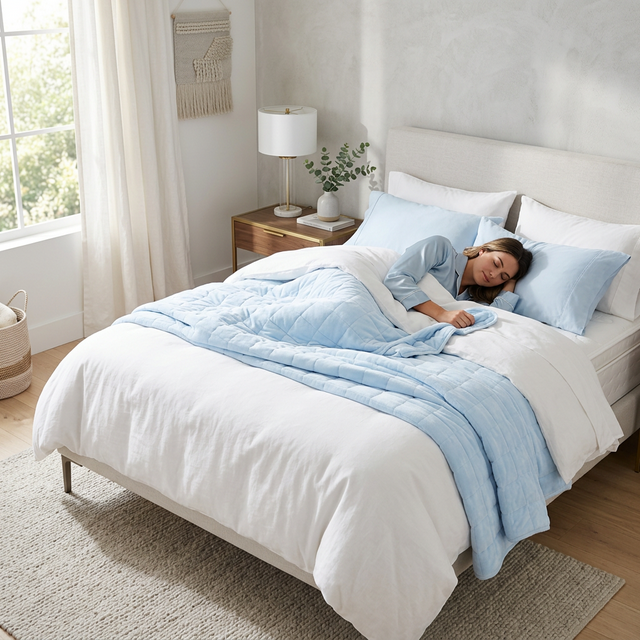 Pessoa dormindo confortavelmente em quarto bem iluminado e colchão macio